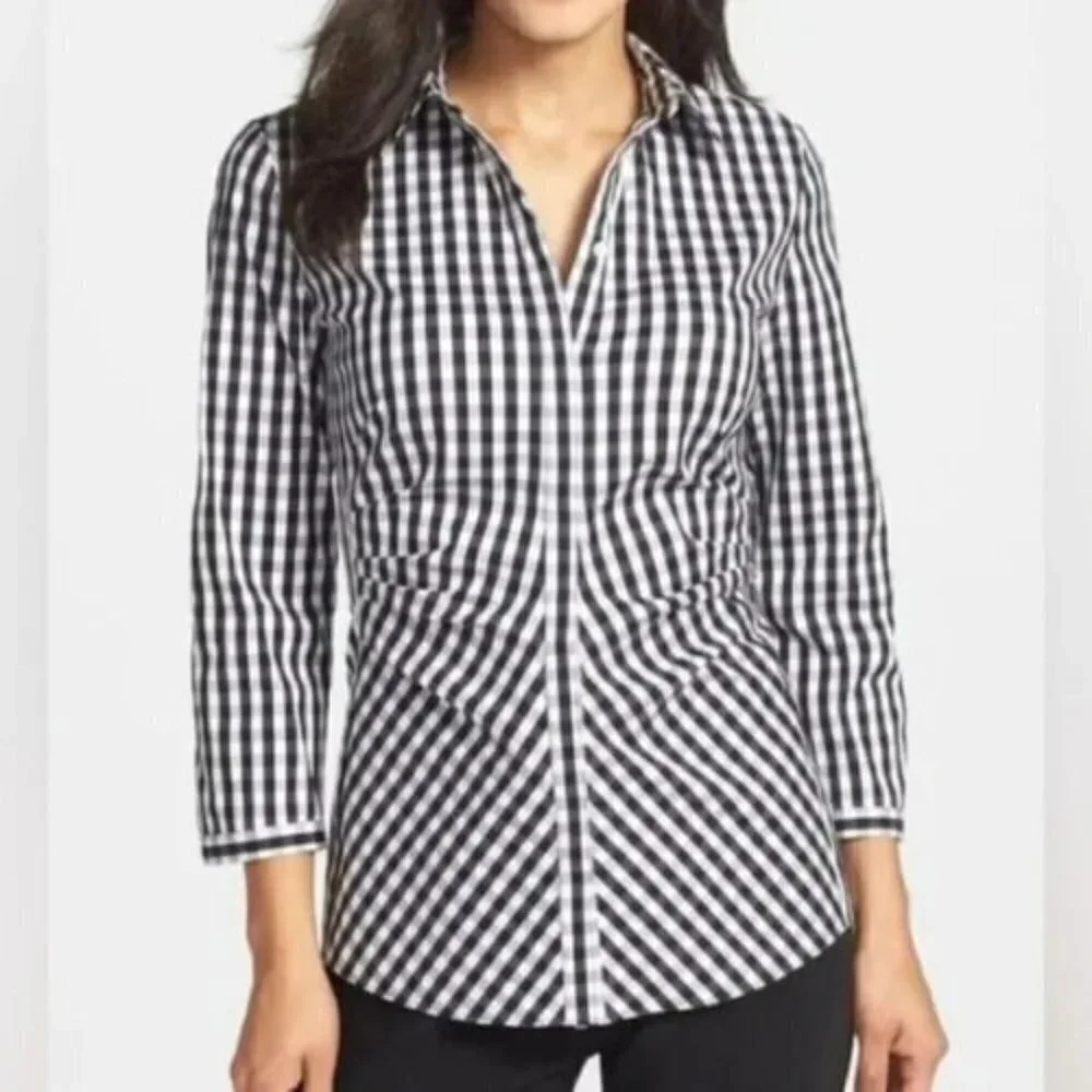 Lafayette 148 Leigh Gingham Poplin Button Front Shirt Sz 6 Classic Preppy